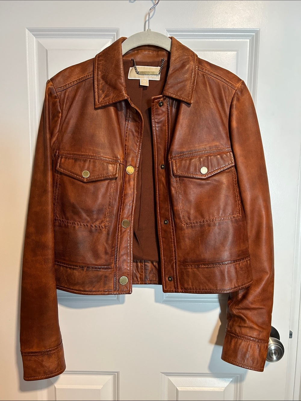 Micheal Kors Cropped Brown Leather Jacket Women's Size XS - Picture 4 of 5
